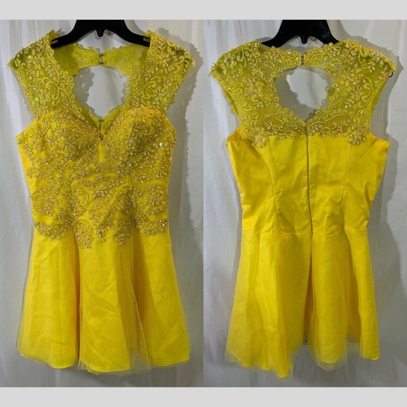 NEW Terani Couture V neck Embroidered Mesh Mini Dress in‎ Yellow [SZ 10 ] - Picture 1 of 12